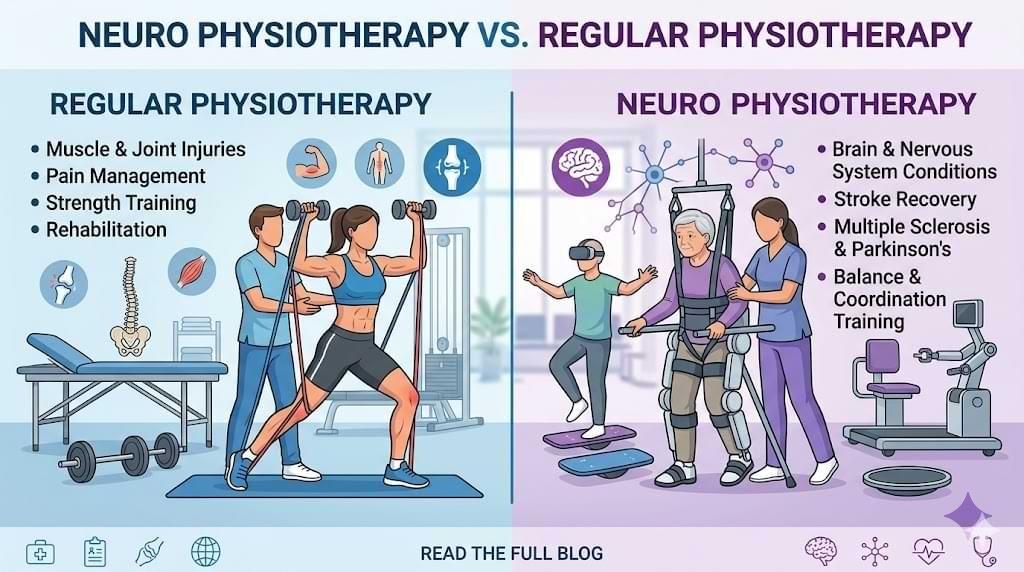 Regular physiotherapy, also called general physiotherapy or musculoskeletal physiotherapy, focuses on diagnosing and treating physical impairments, disabilities, and pain related to the musculoskeletal system — that is, muscles, bones, joints, tendons, an